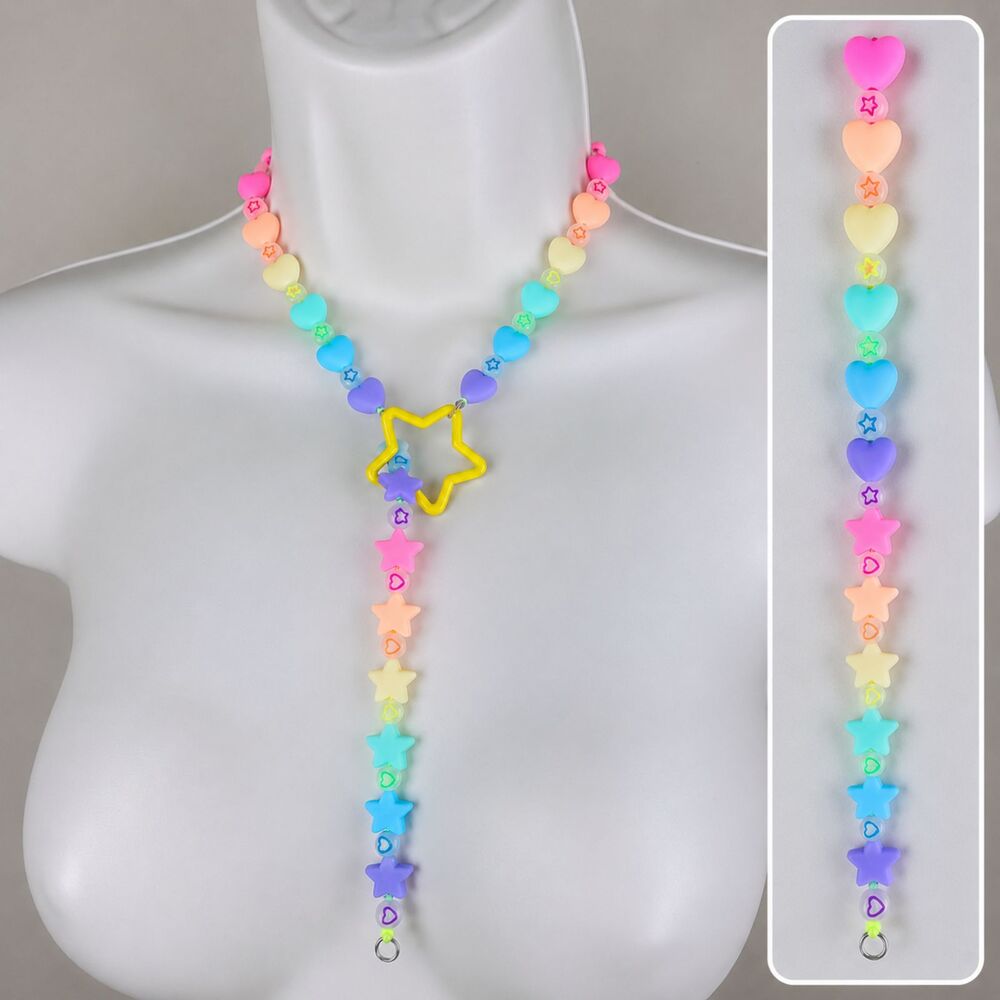 (Sweet Tart) glow Pastel rainbow Kandi Rave Lariat drop star necklace silicone
